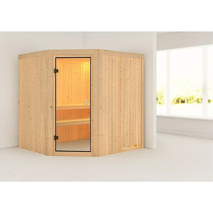 Karibu Elementsauna Bodo - L x B x H: 178 x 196 x 198 cm, Ohne Ofen, Ohne Dachkranz - Holzsauna-Ecke mit Glastür in einem hellen Raum mit Fliesenboden. Perfekt für Entspannung und Wellness zu Hause.