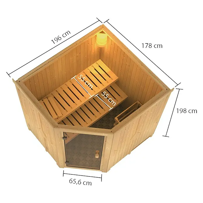 Karibu Elementsauna Bodo - L x B x H: 178 x 196 x 198 cm, Ohne Ofen, Ohne Dachkranz - Abbildung einer Ecksauna mit zwei Holzbänken und einer Glasfronttür, die zum Entspannen einlädt.