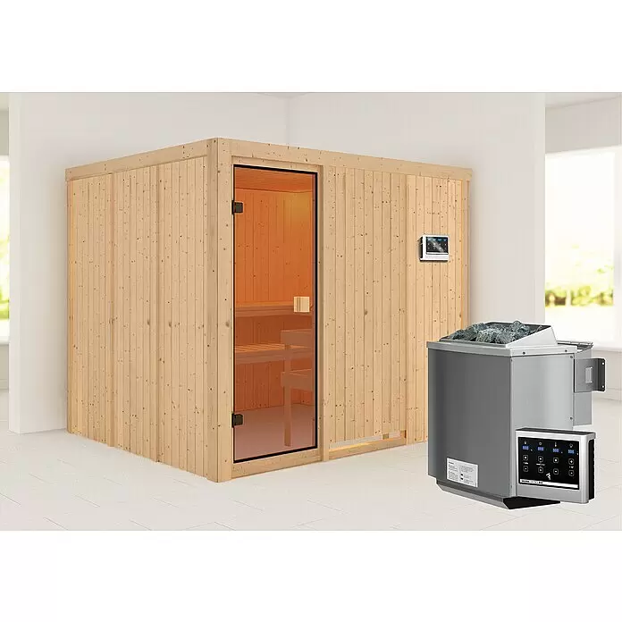 Karibu Elementsauna Nybro - L x B x H: 196 x 231 x 198 cm, Mit 9 kW Bio-Ofen mit externer Steuerung - Stimmungsaufnahme