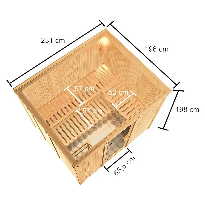 Karibu Elementsauna Nybro - L x B x H: 196 x 231 x 198 cm, Mit 9 kW Bio-Ofen mit externer Steuerung - Saunaansicht von oben mit Maßangaben. Die Holzsauna zeigt präzise Abmessungen und Details.
