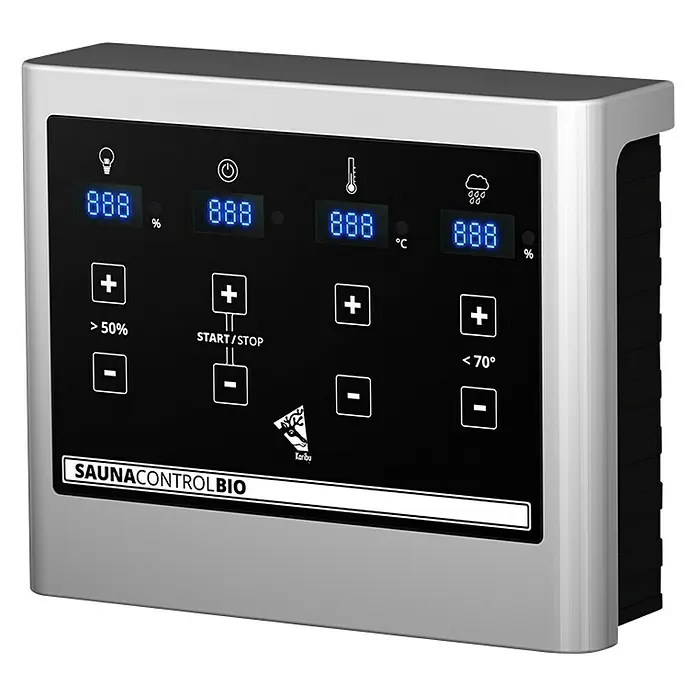 Karibu Elementsauna Nybro - L x B x H: 196 x 231 x 198 cm, Mit 9 kW Bio-Ofen mit externer Steuerung - Nahaufnahme eines Sauna-Bedienfelds mit digitaler Anzeige und Tasten zur Steuerung von Temperatur, Licht und Feuchtigkeit.