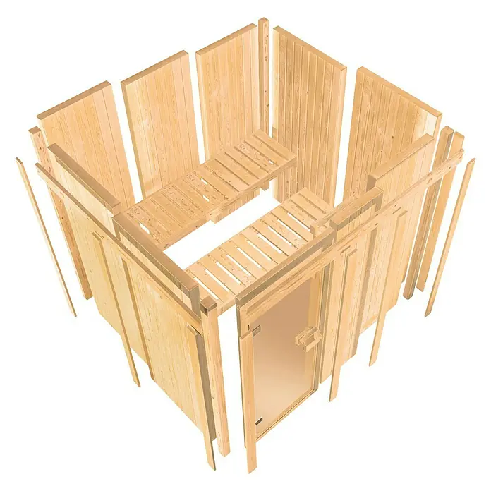 Karibu Elementsauna Kotka - Mit 9 kW Saunaofen mit integrierter Steuerung, L x B x H: 196 x 196 x 198 cm - Blick auf ein unvollständiges Holzsaunaset mit Tür, Holzwänden und Sitzbänken zur Selbstmontage.