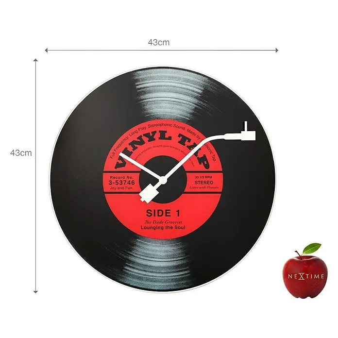 Wanduhr Vinyl Tab - Durchmesser: 43 cm, Schwarz/Rot/Weiß - Nahaufnahme einer dekorativen Vinyl-Schallplattenuhr mit "Side 1"-Motiv, die Retro-Charme und funktionale Zeitmessung vereint.