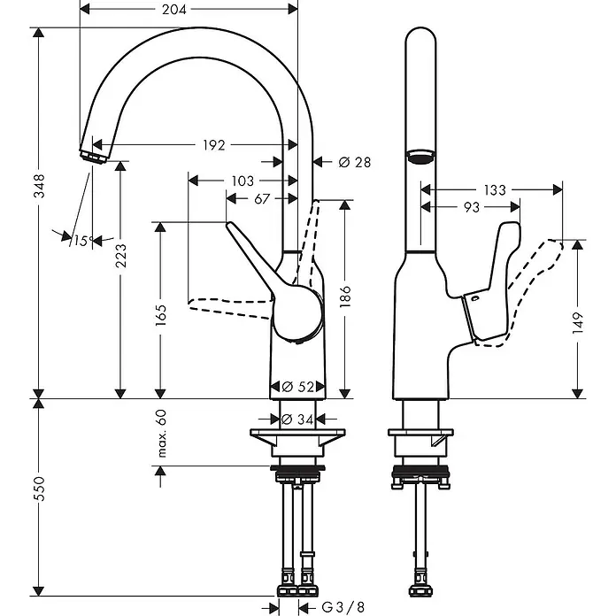 Hansgrohe Spültischarmatur Focus M43 - Chrom, Matt - Technische Zeichnung einer Küchenarmatur mit den Maßangaben zu Höhe, Ausladung und Durchmesser einzelner Elemente.
