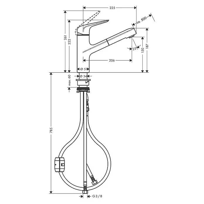 Hansgrohe Focus M41 Spültischarmatur Focus M42 - Chrom, Glänzend - Abbildung einer Küchenarmatur mit verschiedenen Maßangaben zur Erleichterung der Installation und Konfiguration des Produkts.