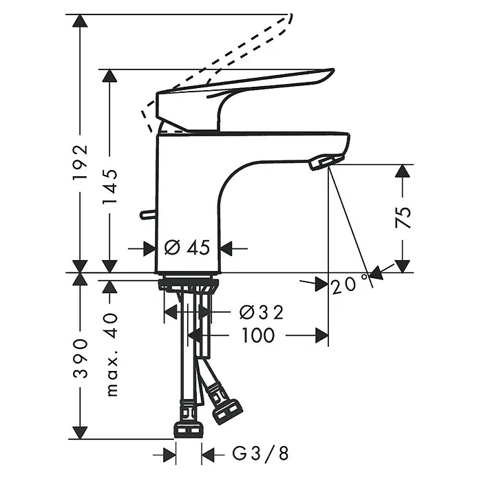Hansgrohe Logis E Waschtischarmatur 70 - Höhe: 14,5 cm, Chrom, Glänzend - Detailzeichnung einer Armatur mit Maßen und technischen Angaben für Installation, einschließlich Höhe, Durchmesser und Anschlüsse.