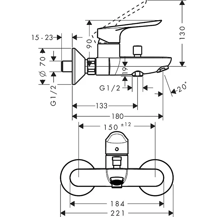 Hansgrohe Logis E Badewannenarmatur - Ausladung Armatur: 18 cm, Chrom, Glänzend - Technische Zeichnung eines Wasserhahns mit Bemaßung, die Details wie Höhe, Breite und Anschlüsse zeigt.