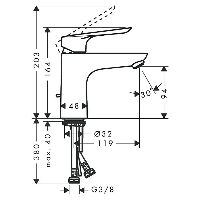 Hansgrohe Logis E Waschtischarmatur 100 - Höhe: 16,4 cm, Chrom, Glänzend - Technische Zeichnung eines Waschtischmischers mit Maßangaben zu Höhe, Ausladung und Anschluss.