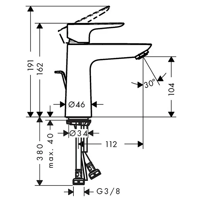 Hansgrohe Talis E Waschtischarmatur 110 - Schwarz, Matt - Technische Zeichnung einer Armatur mit Maßangaben für Installation, inklusive Höhe, Durchmesser und Winkel für eine reibungslose Montage.