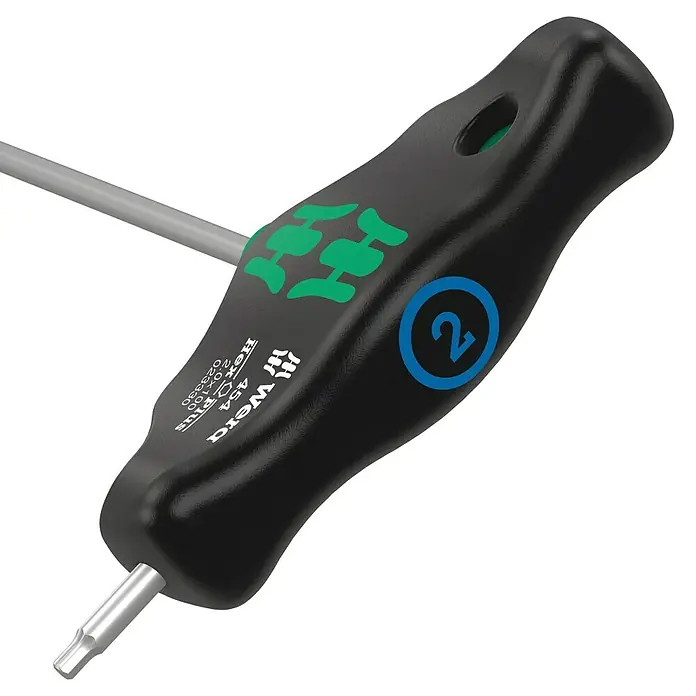 Wera Stiftschlüssel mit Quergriff Hex-Plus 454 - Abtriebsgröße: 2 mm, Klingenlänge: 100 mm, Innensechskant - Nahaufnahme eines Wera 454 Hex-Plus Winkelschraubendrehers mit T-Griff, ideal für präzise Schraubarbeiten.