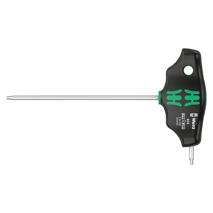 Wera Stiftschlüssel mit Quergriff Hex-Plus 454 - Abtriebsgröße: 2 mm, Klingenlänge: 100 mm, Innensechskant - Bild einer Wera 454 Hex-Plus T-Griffschlüssel, der ein Werkzeug mit T-Griff für Innensechskantschrauben zeigt, ideal für präzises Schrauben.