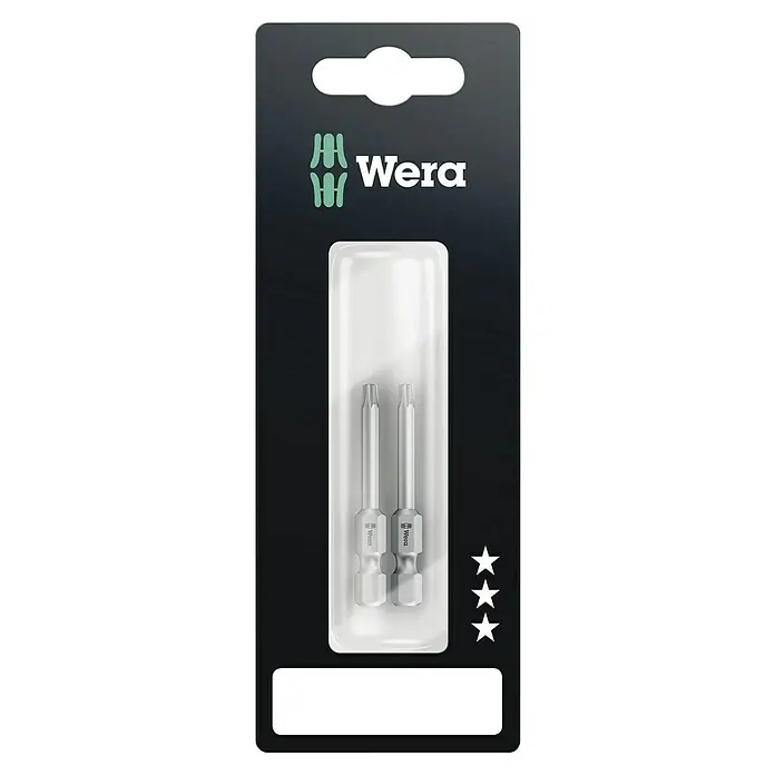 Wera Bit 867/4 Z SB TX 15X50 - T15, 50 mm, 2 Stk. - Verpackung mit zwei Wera Bit-Einsätzen, die in einer transparenten Kunststoffhülle präsentiert werden, ideal für Schraubarbeiten mit Präzision.