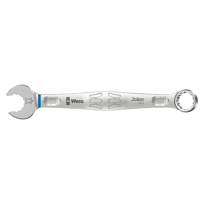 Wera Joker Ringmaulschlüssel 6003 - Schlüsselweite: 19 mm - Ein silberner Wera Joker 6003 Maulschlüssel mit Ringratschenschlüssel, perfekt für Schraubarbeiten.