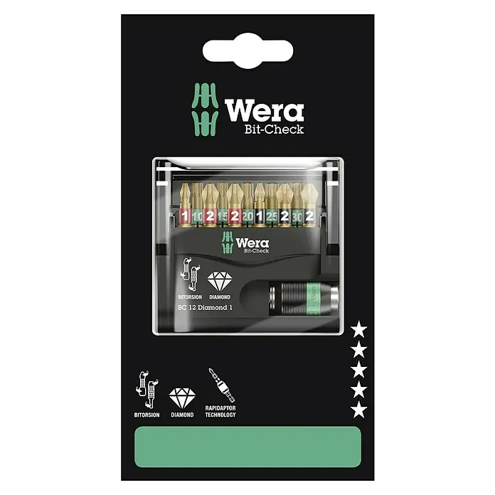 Wera Bit-Set Bit-Check 12 Diamond 1 SB - 12 -tlg. - Das Wera Bit-Check BC 12 Diamond 1 Set mit verschiedenen Bits und Bithalter für Schraubarbeiten mit Diamantbeschichtung.