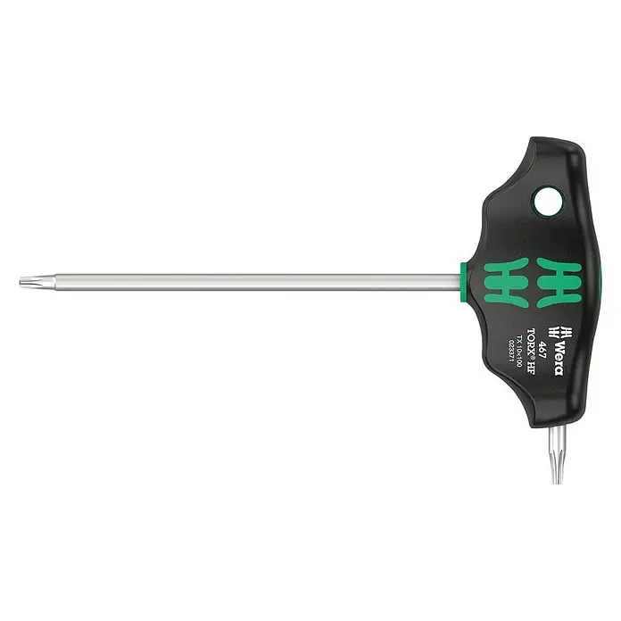 Wera Stiftschlüssel mit Quergriff TX 467 - Abtriebsgröße: 10 mm, Klingenlänge: 100 mm - Ein Wera 467 TORX HF T-Griff Schraubendreher TX 10 x 100 mit Haltefunktion für TORX Schrauben, ideal für professionelles Schrauben.