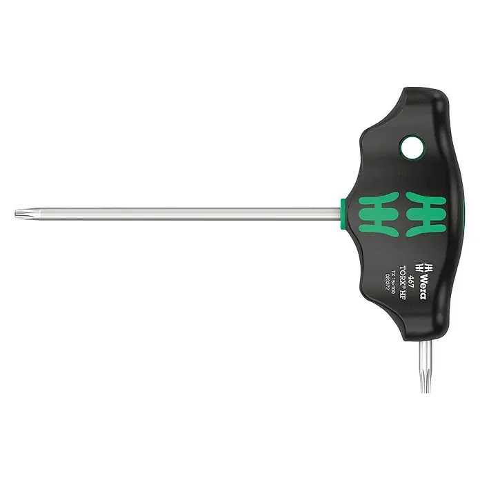 Wera Stiftschlüssel mit Quergriff TX 467 - Abtriebsgröße: 15 mm, Klingenlänge: 100 mm - Wera 467 Torx-HF-Schraubendreher mit T-Griff. Ideal für schwer zugängliche Stellen, mit praktischer Haltefunktion.