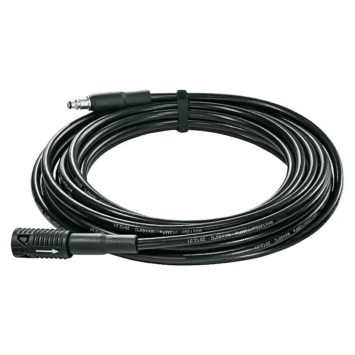 Bosch Extensión de manguera de alta presión - Largo: 6 m - Manguera negra enrollada para lavadora a presión con una brida negra en el centro y conectores en ambos extremos.