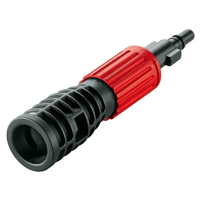 Bosch Adaptador - Específico para: Limpiadoras de alta presión Nilfisk - Primer plano de una boquilla de pulverización roja y negra para hidrolimpiadoras, ideal para limpieza.
