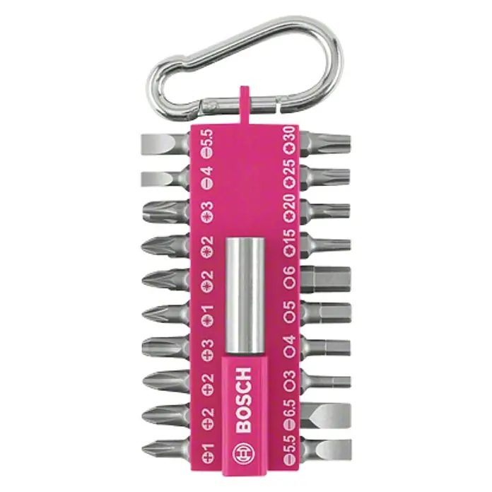 Bosch Set de puntas - 21 pzs., Fucsia - Un juego de puntas de destornillador Bosch de varios tamaños, que incluye un soporte y un mosquetón, perfecto para los amantes del bricolaje.