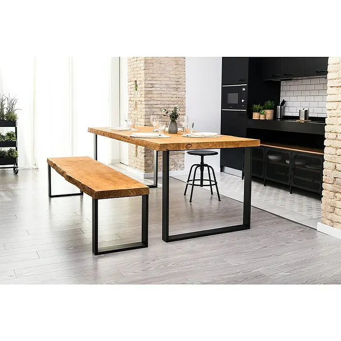 Rei Pata para muebles 913 - L x An x Al: 8 x 78 x 71,2 cm, Capacidad de carga: 250 kg, Acero - Amplia zona de comedor con mesa de madera y banco a juego, sobre estructuras metálicas negras modernas. Perfecto para comidas familiares.
