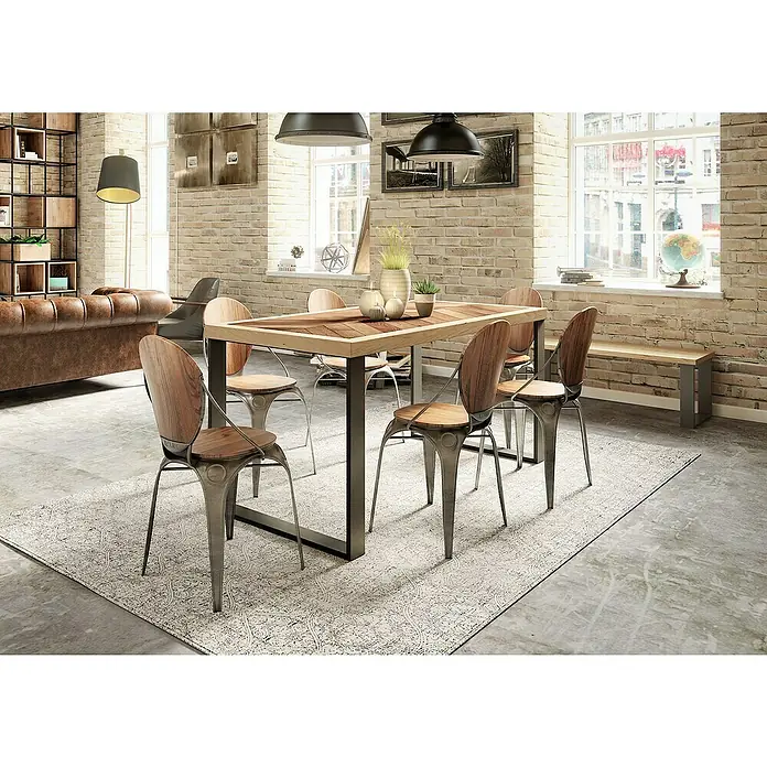 Rei Pata para muebles 913 - L x An x Al: 8 x 78 x 71,2 cm, Capacidad de carga: 250 kg, Acero - La imagen muestra una mesa de comedor con sillas y decoración en una habitación elegante. La mesa es de madera, las sillas son de metal y madera.