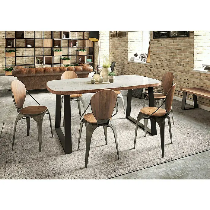 Tischgestell Strong - L x B x H: 8 x 38 x 38,2 cm, Traglast: 250 kg, Stahl - Ein Esstisch mit Marmorplatte und schwarzen Beinen, umgeben von Stühlen mit Holzsitzen und Metallgestellen, in einem stilvollen Essbereich.