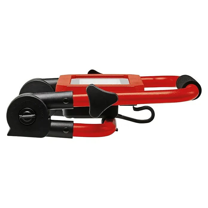 Einhell PXC 18V Foco de batería LED TC-CL 18 - 18 V, Sin batería, Flujo luminoso: 1.800 lm - Primer plano de una lámpara trípode roja y negra, plegada. Ideal para talleres, obras, proporciona una buena iluminación.