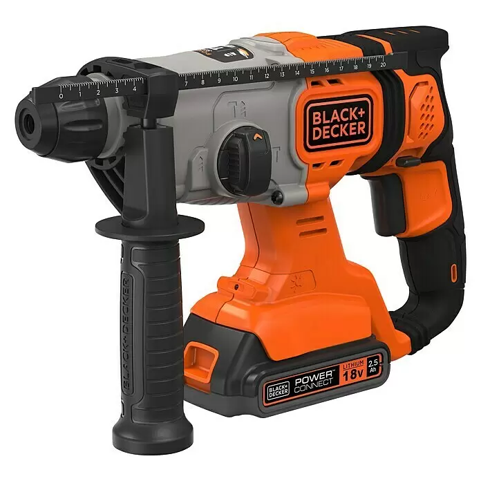Black+Decker Martillo combinado de batería BCD900E2K - 18 V, 2 baterías, 1,2 J - Taladro percutor inalámbrico BLACK+DECKER 18V 2.5 Ah naranja y negro, con empuñadura auxiliar y tope de profundidad.