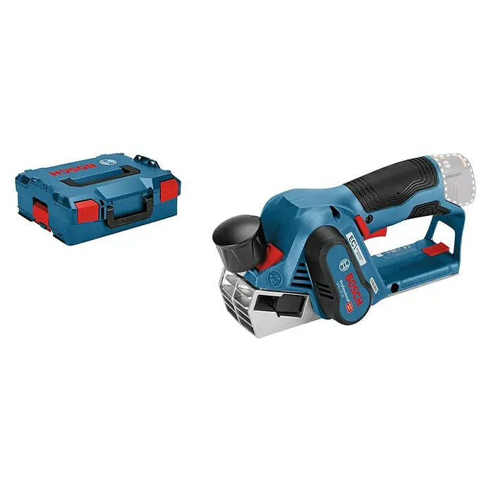Bosch Professional Akku-Handhobel GHO 12V-20 - 12 V, Li-Ionen, Ohne Akku, Hobelbreite: 56 mm - Bosch Akku-Hobel GHO 12V-20 mit Transportkoffer. Der Hobel ist blau, kompakt und leicht für bequemes Arbeiten.