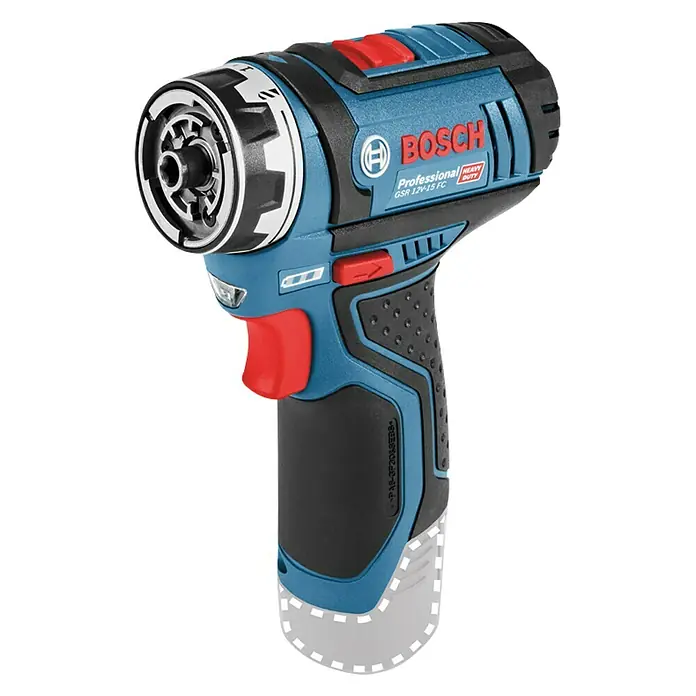 Bosch Professional Taladro atornillador de batería GSR 12V-15 FC - 12 V, Sin batería, 30 Nm - La imagen muestra un taladro atornillador inalámbrico azul Bosch GSR 12V-15 FC con botón rojo y mango negro.