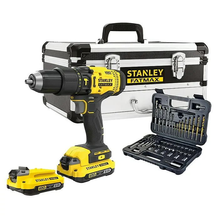 Stanley Fatmax V20 Taladro atornillador percutor de batería SFMCD711D2F-QW -  - Juego de taladro atornillador inalámbrico Stanley Fatmax con baterías, juego de brocas y robusta caja de herramientas. Ideal para bricoladores y profesionales.