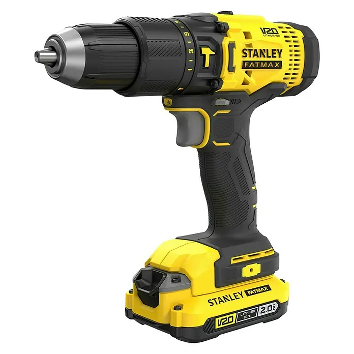 Stanley Fatmax V20 Taladro atornillador percutor de batería SFMCD711D2F-QW -  - Taladro inalámbrico Stanley Fatmax, una herramienta robusta para aficionados al bricolaje y profesionales. Ideal para tareas de atornillado y perforación con alta potencia.