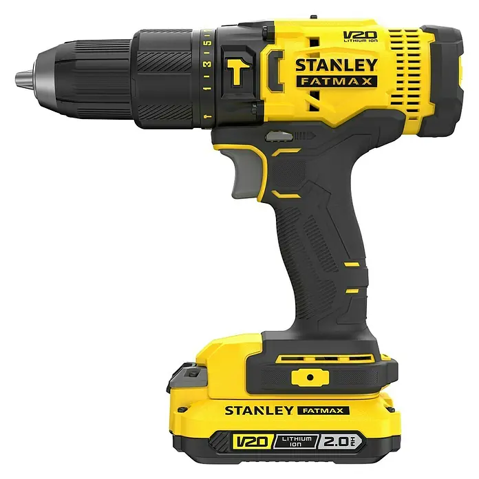 Stanley Fatmax V20 Taladro atornillador percutor de batería SFMCD711D2F-QW -  - Imagen de un taladro atornillador inalámbrico Stanley Fatmax V20 amarillo y negro con batería.