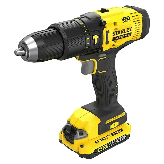 Stanley Fatmax V20 Taladro atornillador percutor de batería SFMCD711D2F-QW -  - El taladro inalámbrico amarillo y negro Stanley Fatmax V20 con batería de iones de litio de 2.0Ah es una herramienta robusta.