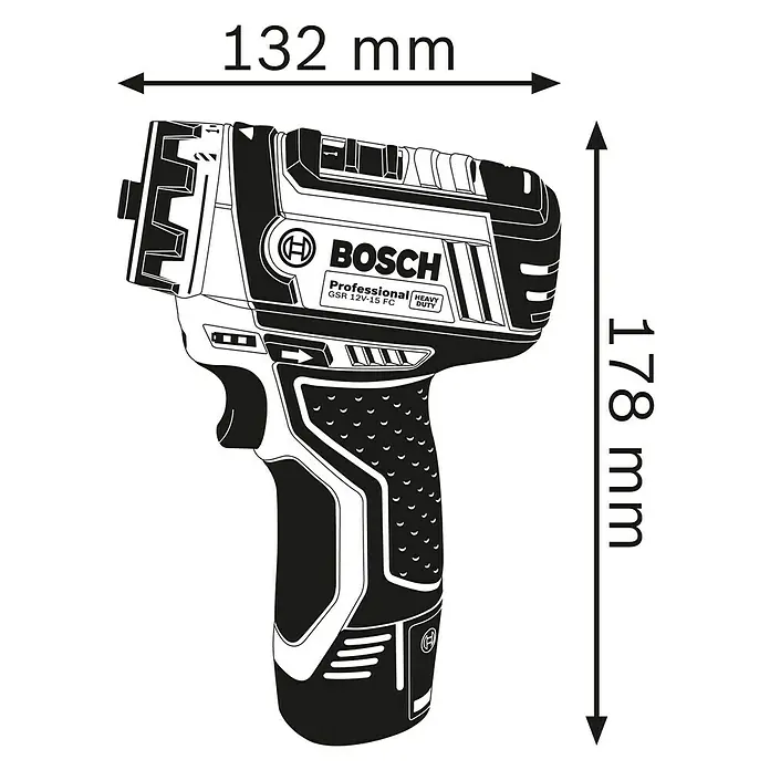 Bosch Professional Akku-Bohrschrauber GSR 12V-15 FC - 12 V, Ohne Akku, 30 Nm - Abbildung eines Bosch GSR 12V-15 FC Professional Akku-Bohrschraubers mit Größenangaben.