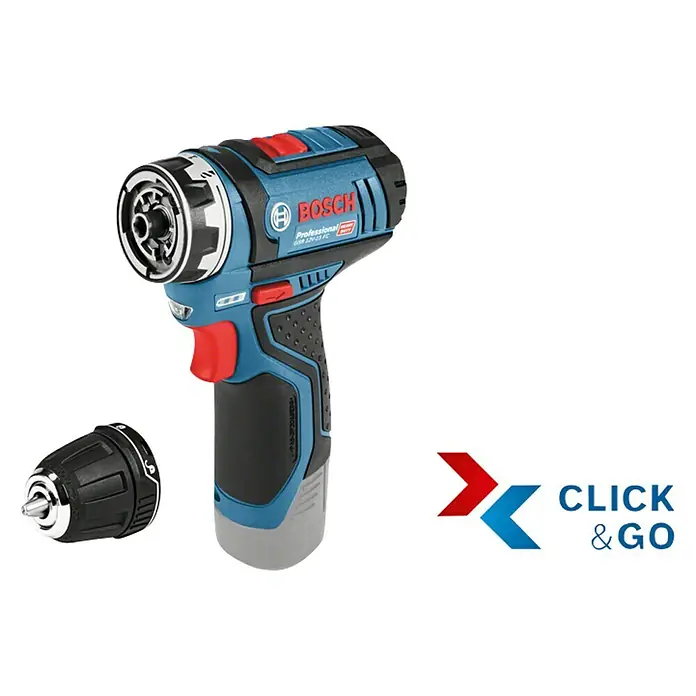 Bosch Professional Atornillador de batería GSR 12V-15 FC con maletín L-BOXX - 12 V, Sin batería - Imagen de un taladro atornillador inalámbrico azul Bosch Professional GRS 12V-35 FC con mandril intercambiable y elementos operativos rojos.