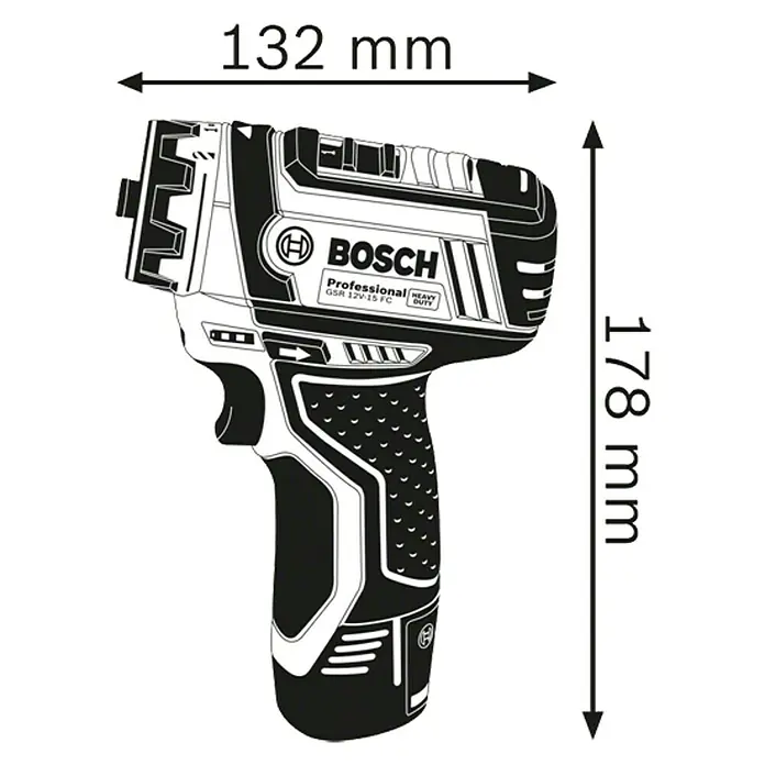 Bosch Professional Atornillador de batería GSR 12V-15 FC con maletín L-BOXX - 12 V, Sin batería - Imagen de un taladro/atornillador inalámbrico Bosch GSR 12V-15 FC con dimensiones que indican su tamaño.
