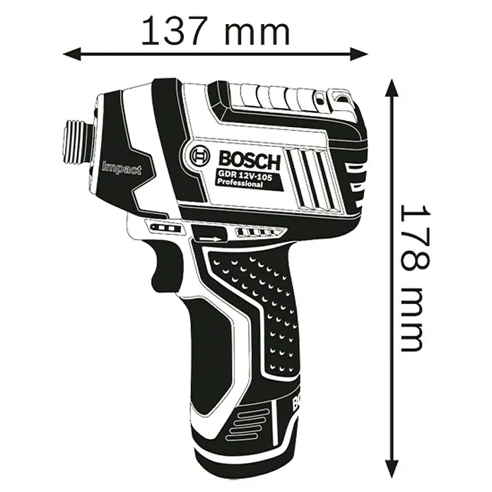 Bosch Professional Akku-Drehschlagschrauber - 12 V, Ohne Akku - Produktdarstellung: Bosch GDR 12V-105 Professional Akku-Schlagschrauber, Abmessungen 137 mm x 178 mm.