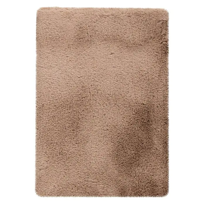 Badteppich Happy - 40 x 60 cm, Taupe, 100% Polyester - Nahaufnahme eines rechteckigen, zotteligen Teppichs in einer warmen, hellbraunen Farbe, der sich ideal für Komfort und Stil in jedem Raum eignet.
