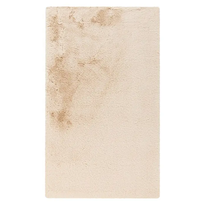 Badteppich Happy - 67 x 110 cm, Beige, 100% Polyester - Detailansicht eines hellen, rechteckigen Teppichs mit zotteligem Flor und einigen dunkleren, abgenutzten Stellen, ideal für Wohnräume.