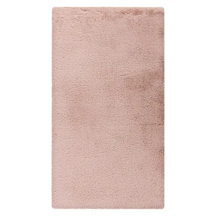 Badteppich Happy - 50 x 90 cm, Rosa, 100% Polyester - Ein rechteckiger, rosa, hochfloriger Teppich, der sich ideal für Wohnräume eignet und eine weiche, komfortable Textur bietet.