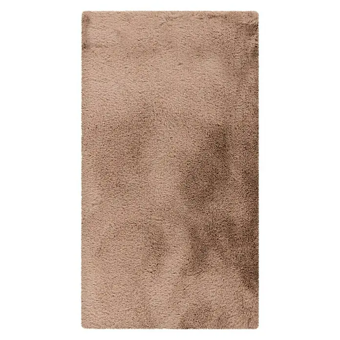 Badteppich Happy - 50 x 90 cm, Taupe, 100% Polyester - Nahaufnahme eines rechteckigen, zotteligen Teppichs in einem warmen, neutralen Farbton, der eine weiche Textur und einen gemütlichen Look zeigt.