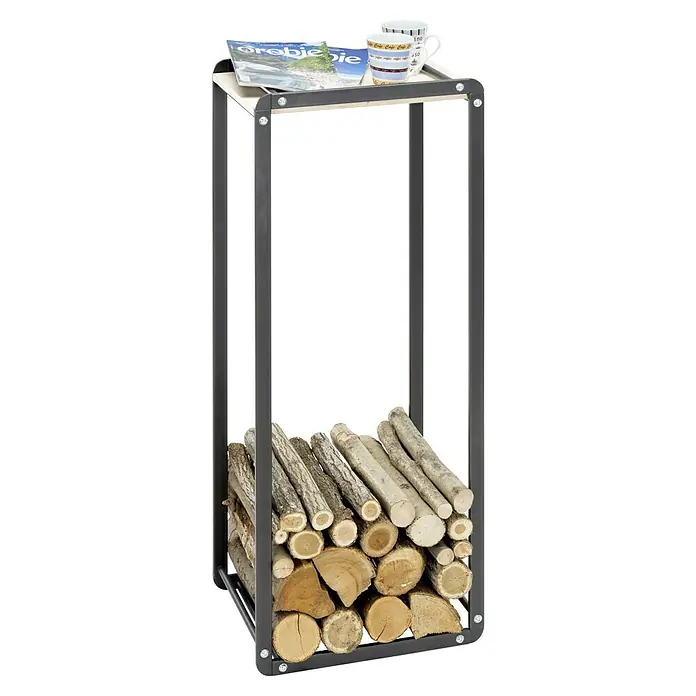 Holzregal Ike - L x B x H: 44,5 x 29,4 x 115 cm, Stahl, Schwarz - Kaminholzregal aus Metall mit Holzscheiten, Ablagefläche und zwei Kaffeetassen. Praktisches und dekoratives Möbelstück für den Wohnbereich.