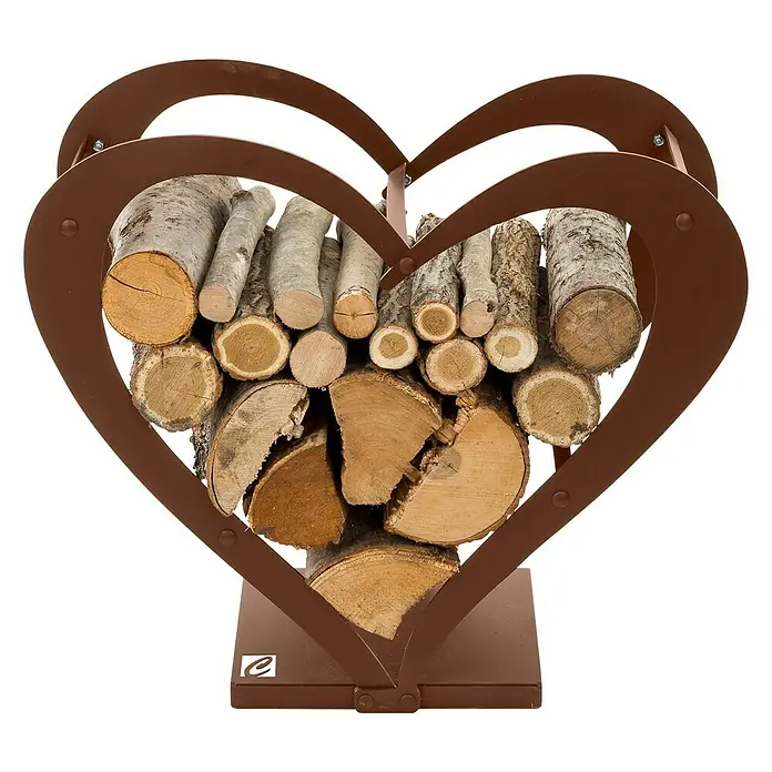 Holzregal Herz - 65 x 33 x 55 cm, Stahl, Braun - Herzförmiger Kaminholzständer aus Metall in Braun, gefüllt mit Holzscheiten. Dekorative und praktische Kaminholzaufbewahrung für gemütliche Kaminabende.