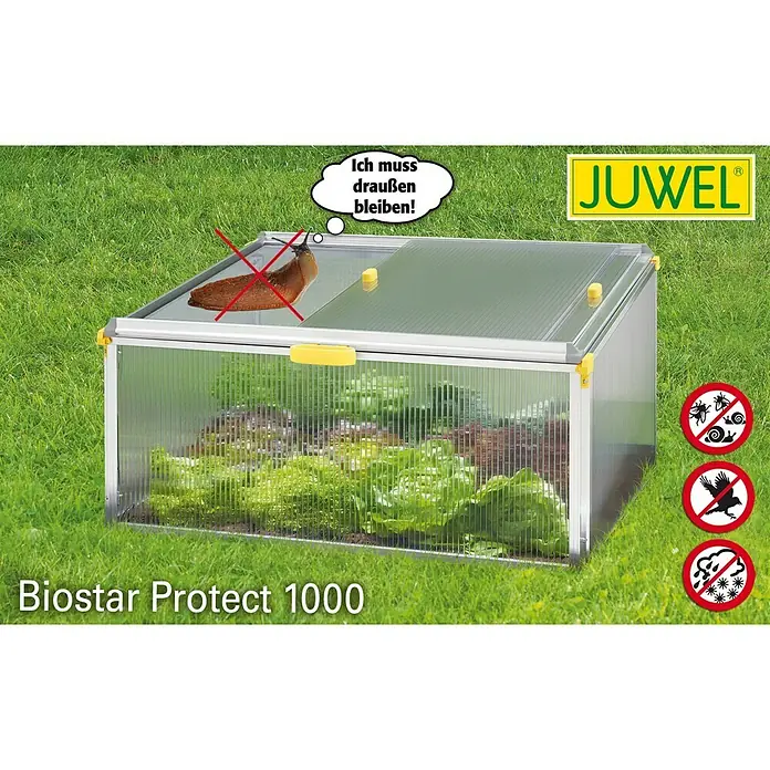 Juwel Gewächshaus Biostar Protect 1000 - 100 x 76,5 x 52 cm, Kunststoff - Das Bild zeigt den Biostar Protect 1000 Frühbeetkasten, der Pflanzen vor Schädlingen schützt. Eine Schnecke ist mit einem roten X versehen.