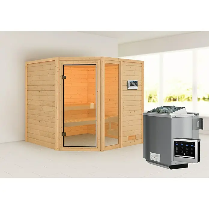 Karibu Massivholzsauna Tabea - L x B x H: 196 x 196 x 187 cm, Mit 9 kW Bio-Ofen mit externer Steuerung, Ohne Dachkranz - Diese Abbildung zeigt eine moderne Sauna mit einem Holzofen und einem eleganten Bedienfeld zur Temperaturregelung.