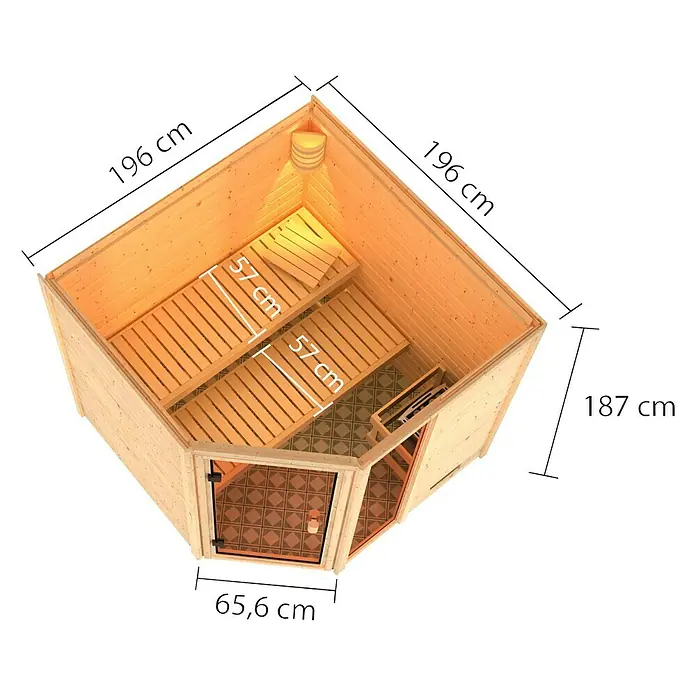 Karibu Massivholzsauna Tabea - L x B x H: 196 x 196 x 187 cm, Mit 9 kW Bio-Ofen mit externer Steuerung, Ohne Dachkranz - Das Bild zeigt eine perspektivische Ansicht einer Sauna mit Holzbänken und einer Tür. Die Sauna ist aus hellem Holz gefertigt.