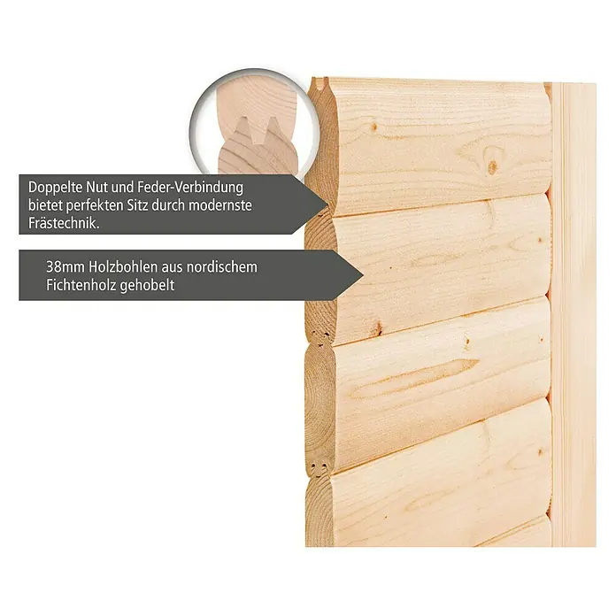 Karibu Massivholzsauna Tabea - L x B x H: 196 x 196 x 187 cm, Mit 9 kW Bio-Ofen mit externer Steuerung, Ohne Dachkranz - Detailansicht einer Blockbohlenwand aus 38 mm nordischer Fichte mit doppelter Nut- und Federverbindung für optimalen Sitz.