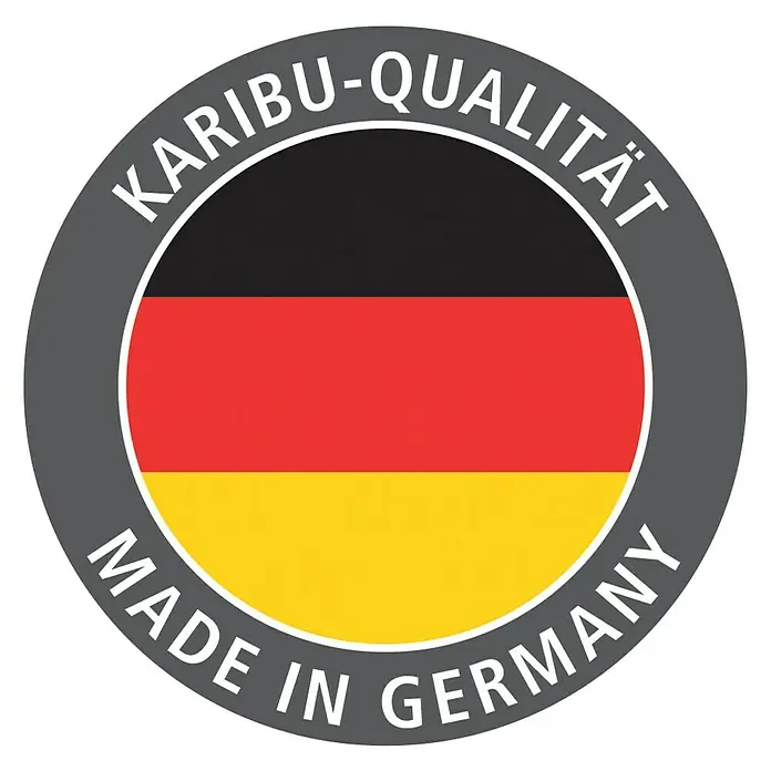 Karibu Massivholzsauna Tabea - L x B x H: 196 x 196 x 187 cm, Mit 9 kW Bio-Ofen mit externer Steuerung, Ohne Dachkranz - Karibu-Qualitätssiegel mit der deutschen Flagge. Zertifiziert die Herstellung in Deutschland und garantiert hohe Qualitätsstandards.