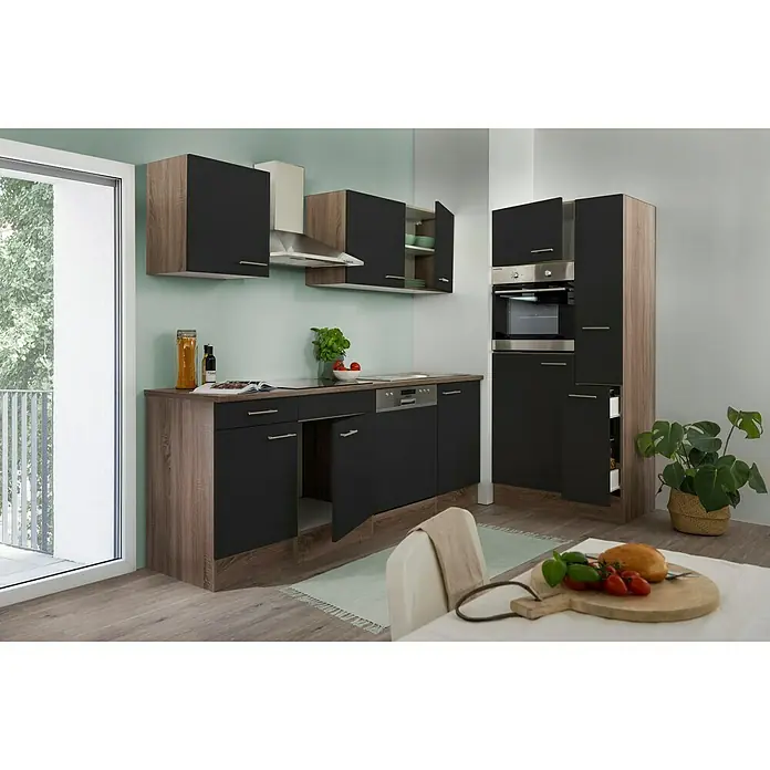 Respekta Küchenzeile Oliver - Breite: 310 cm, Schwarz, Mit Elektrogeräten - Moderne Küche in Grau und Holzoptik mit offenen Schränken. Elegantes Design für ein stilvolles Zuhause.